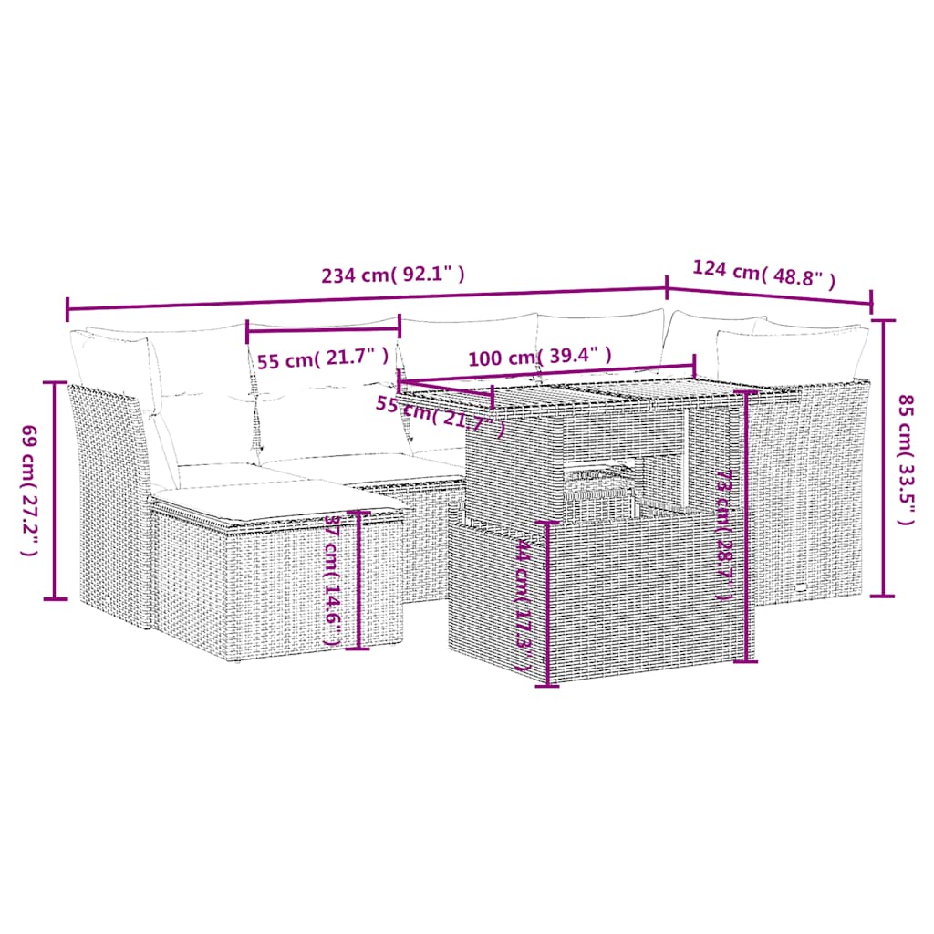 7 Pcs conjunto de sofás p/ jardim c/ almofadões vime PE preto