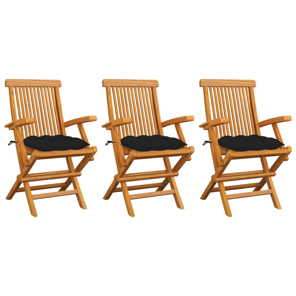 Cadeiras de jardim c/ almofadões pretos 3 pcs teca maciça