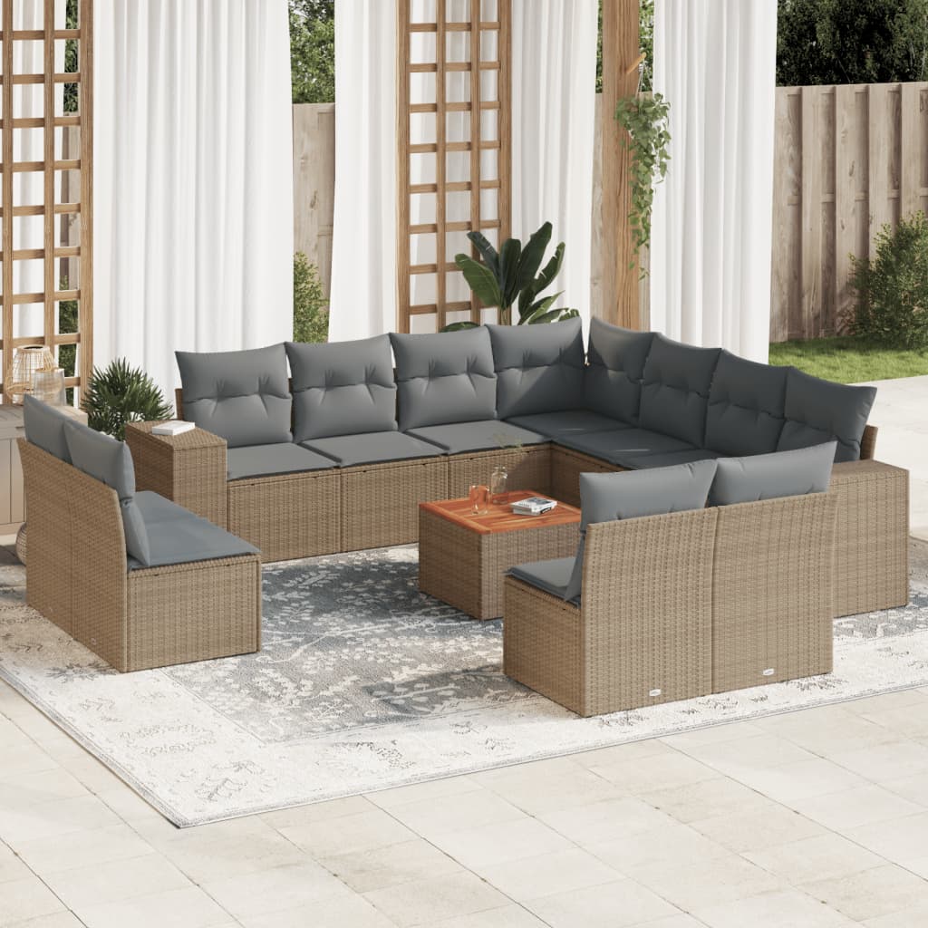 12 Pcs conjunto de sofás p/ jardim com almofadões vime PE bege