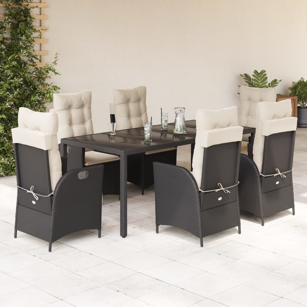 7 Pcs conjunto de jantar p/ jardim c/ almofadões vime PE preto