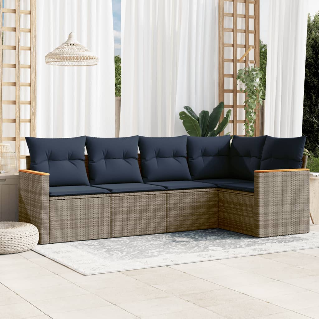 Conjunto de sofá de jardim de 5 peças com almofadas em rattan sintético cinza