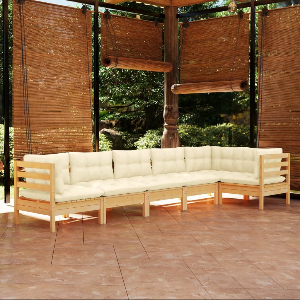 6 Pcs conjunto lounge de jardim c/ almofadões cor creme pinho