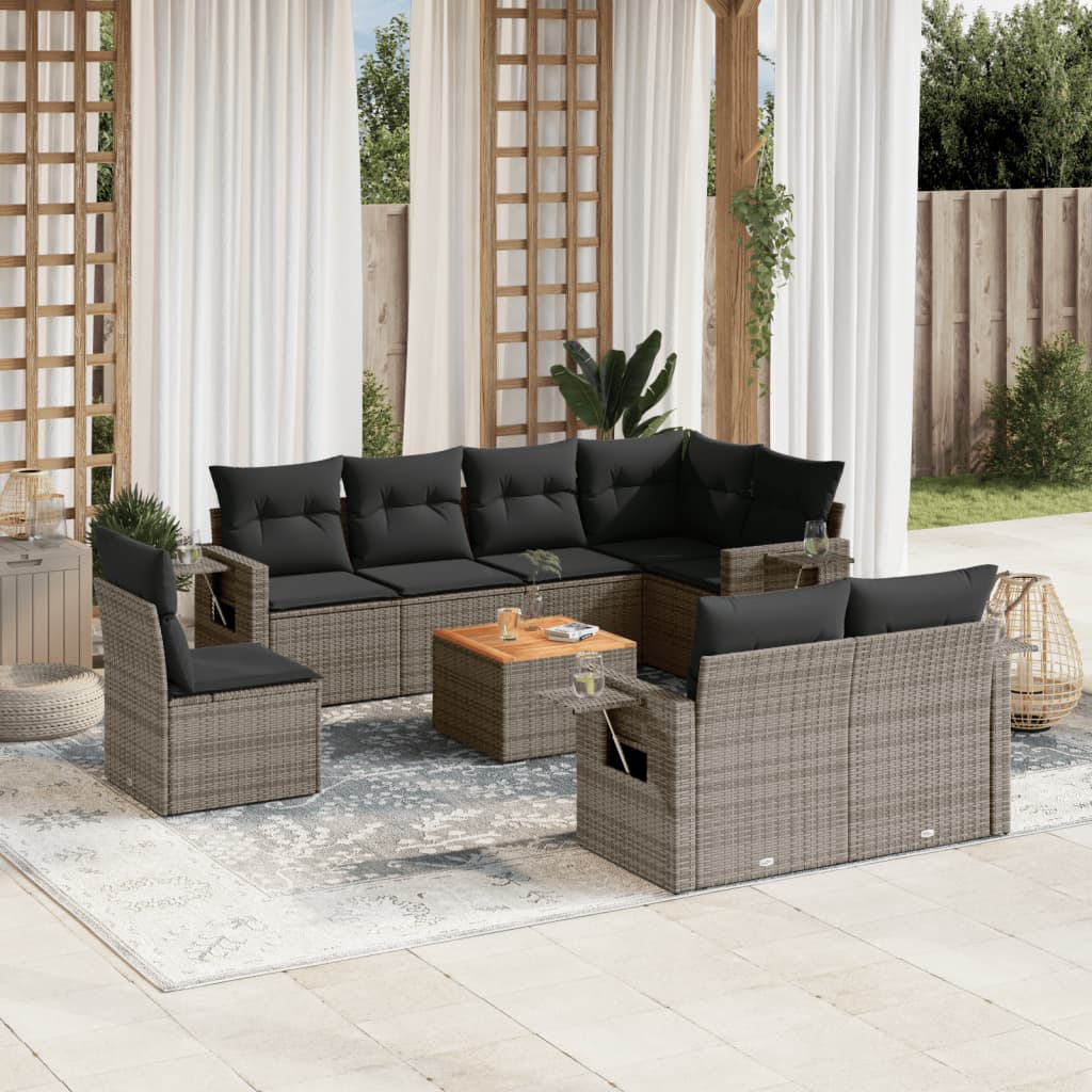 9 Pcs conjunto sofás p/ jardim com almofadões vime PE cinzento