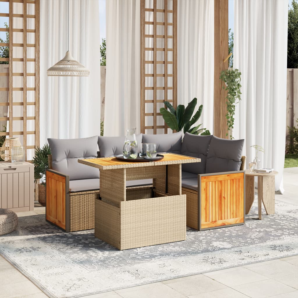 5 Pcs conjunto de sofás p/ jardim com almofadões vime PE bege