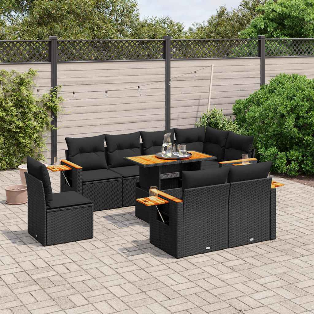 9 Pcs conjunto de sofás p/ jardim c/ almofadões vime PE preto