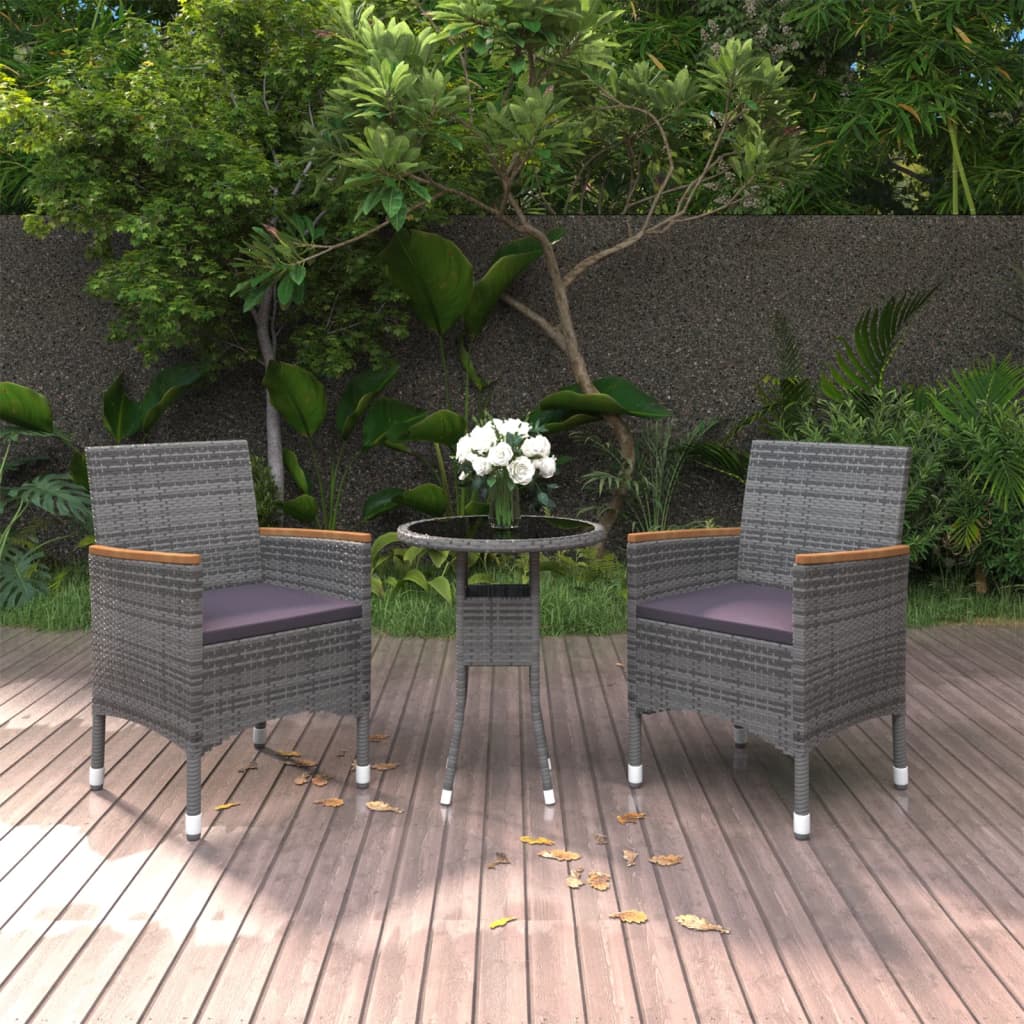 3 Pcs conjunto de jantar para jardim vime PE cinzento