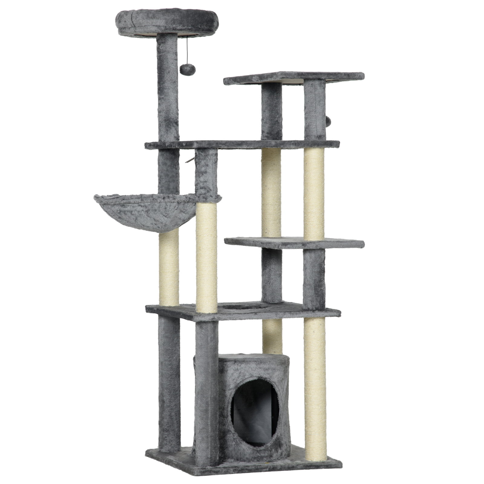 Arranhador para gatos com poste de arranhar de sisal cama caverna plataformas e bolas suspensas 49x49x144 cm cinza