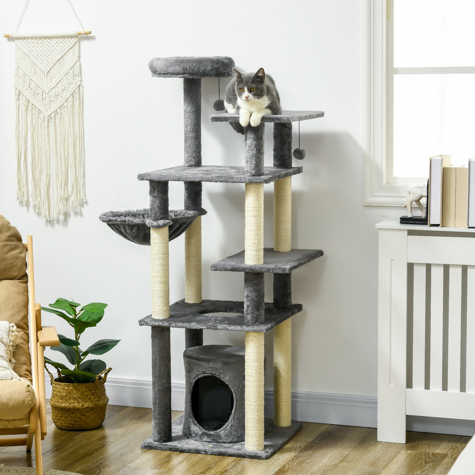 Arranhador para gatos com poste de arranhar de sisal cama caverna plataformas e bolas suspensas 49x49x144 cm cinza