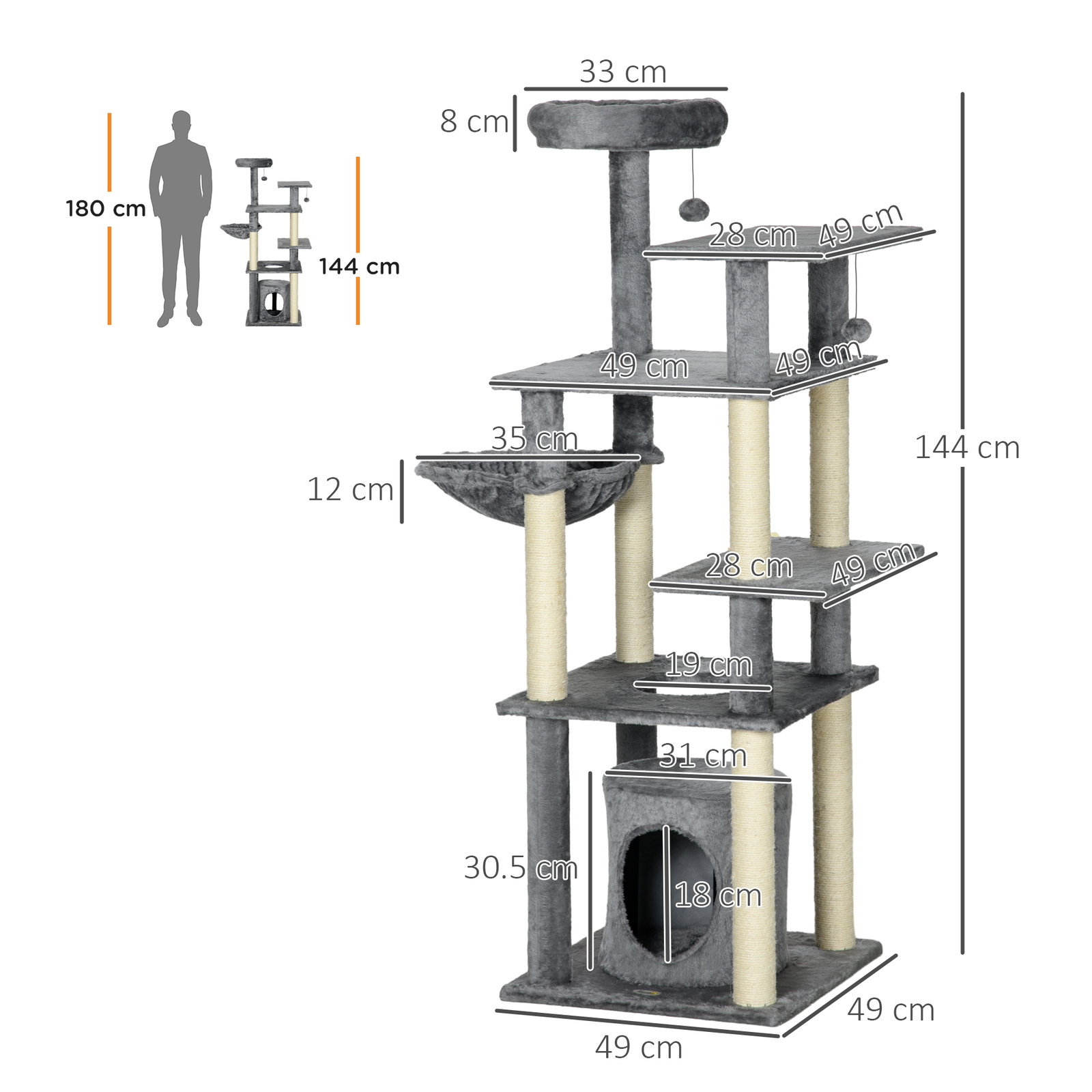 Arranhador para gatos com poste de arranhar de sisal cama caverna plataformas e bolas suspensas 49x49x144 cm cinza