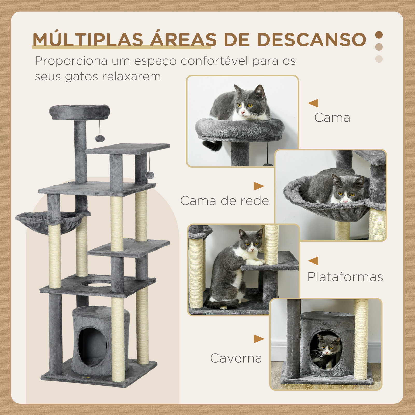 Arranhador para gatos com poste de arranhar de sisal cama caverna plataformas e bolas suspensas 49x49x144 cm cinza
