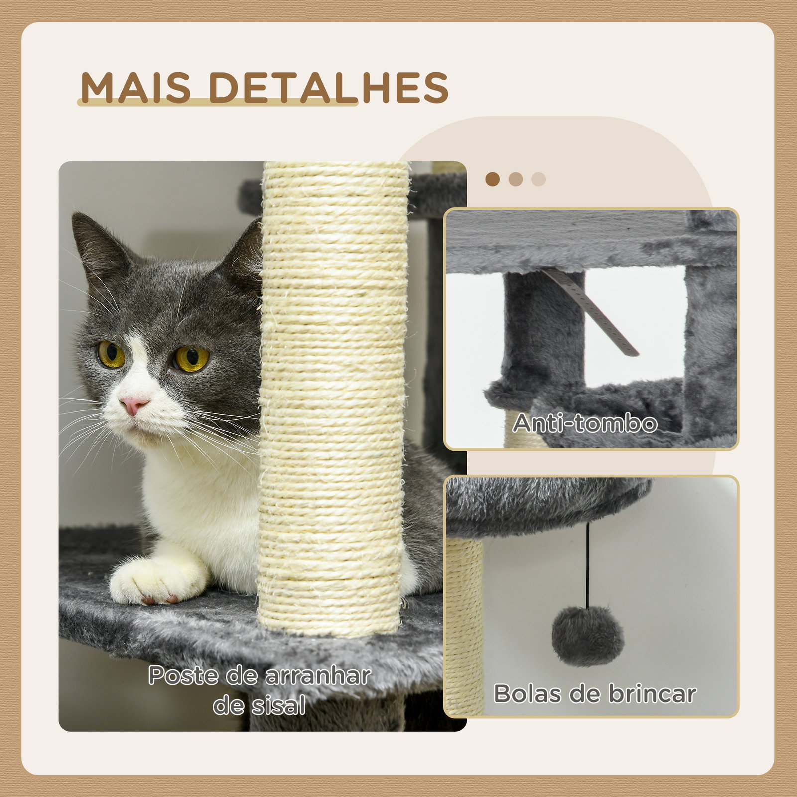 Arranhador para gatos com poste de arranhar de sisal cama caverna plataformas e bolas suspensas 49x49x144 cm cinza