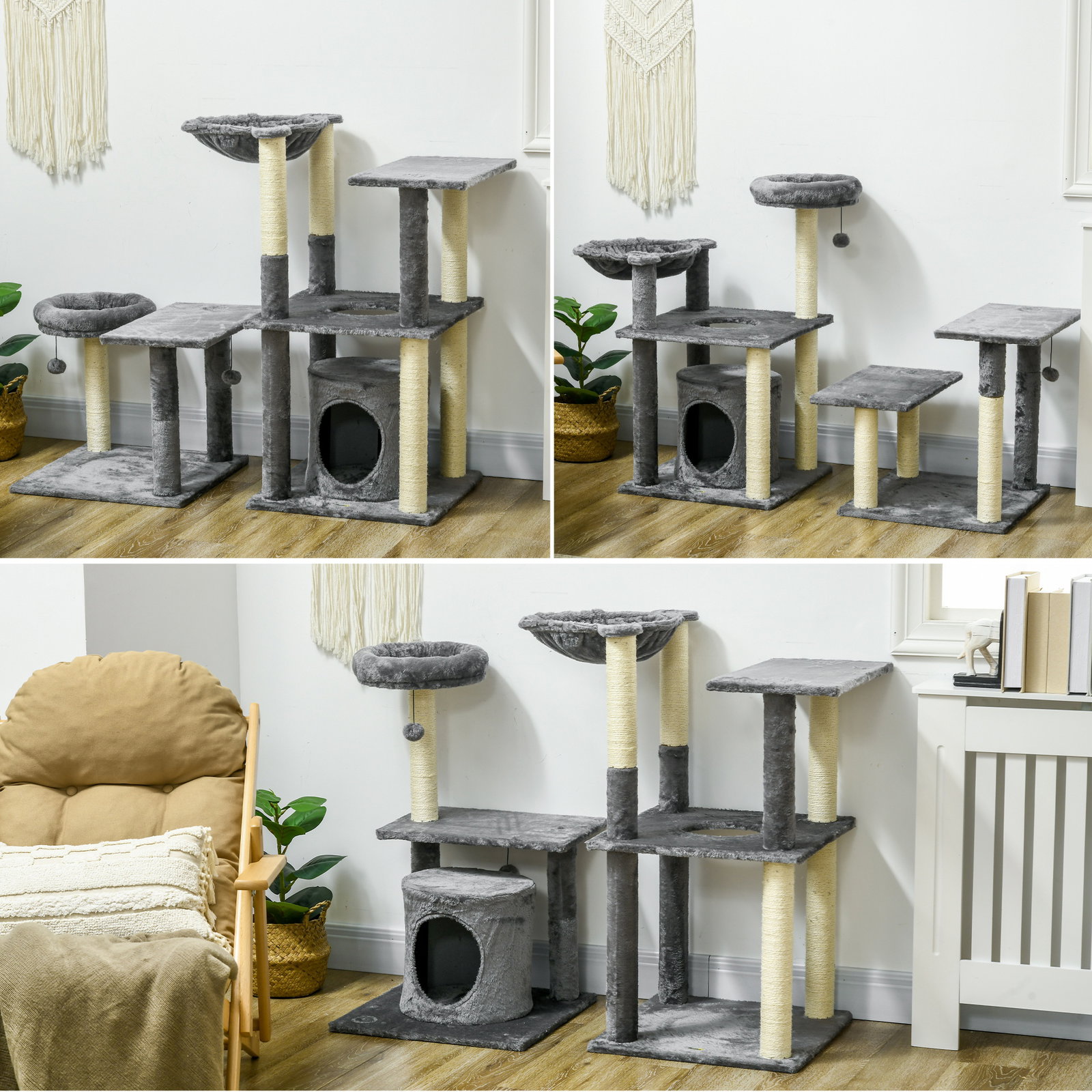 Arranhador para gatos com poste de arranhar de sisal cama caverna plataformas e bolas suspensas 49x49x144 cm cinza