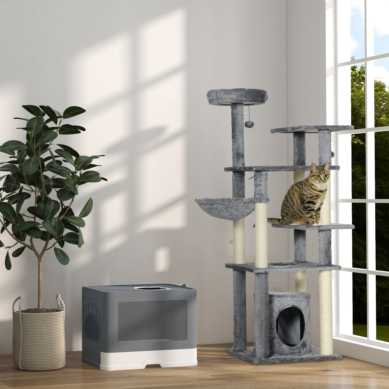 Arranhador para gatos com poste de arranhar de sisal cama caverna plataformas e bolas suspensas 49x49x144 cm cinza