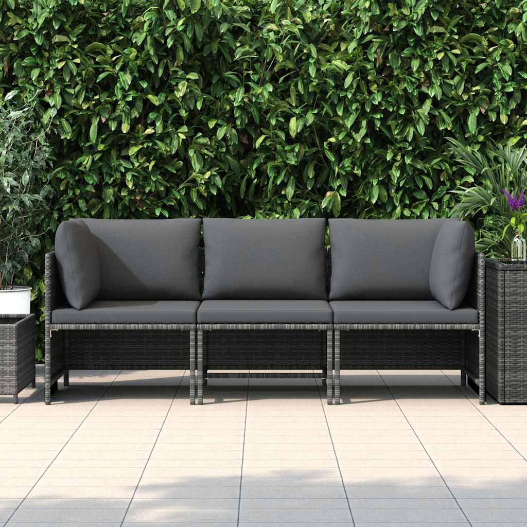Sofá de jardim de 3 lugares com almofadões vime PE cinzento