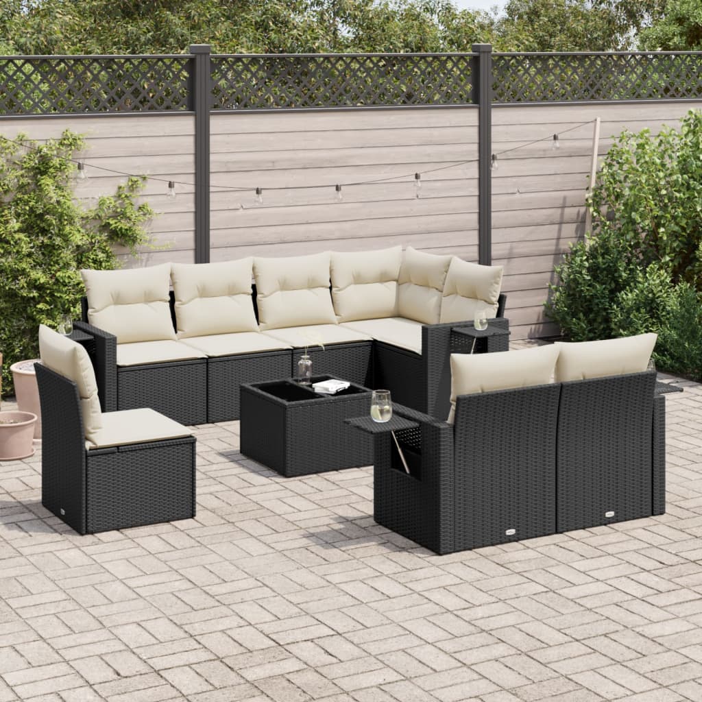 9 Pcs conjunto de sofás p/ jardim c/ almofadões vime PE preto