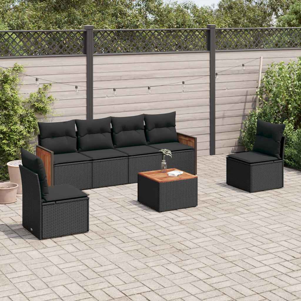 7 Pcs conjunto de sofás p/ jardim c/ almofadões vime PE preto