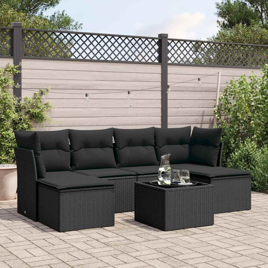 7 Pcs conjunto de sofás p/ jardim c/ almofadões vime PE preto