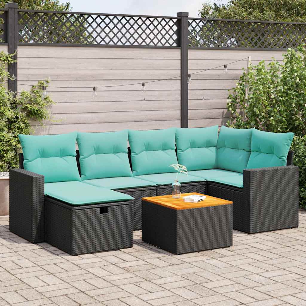 7 Pcs conjunto de sofás p/ jardim c/ almofadões vime PE preto