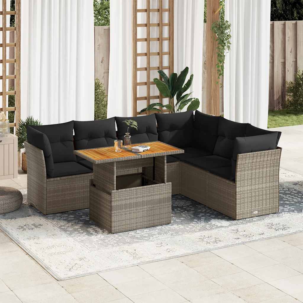 7 Pcs conjunto sofás p/ jardim c/ almofadões vime PE cinzento
