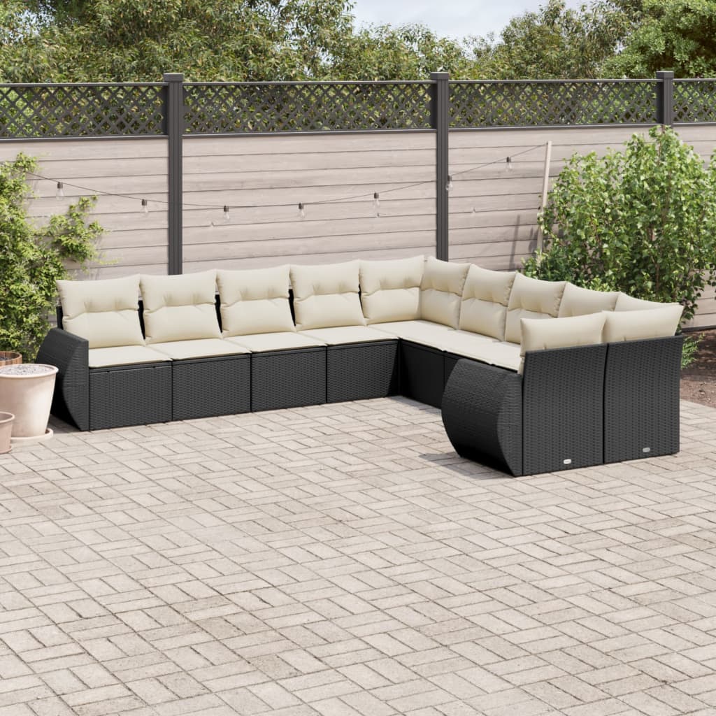 10 Pcs conjunto sofás de jardim c/ almofadões vime PE preto
