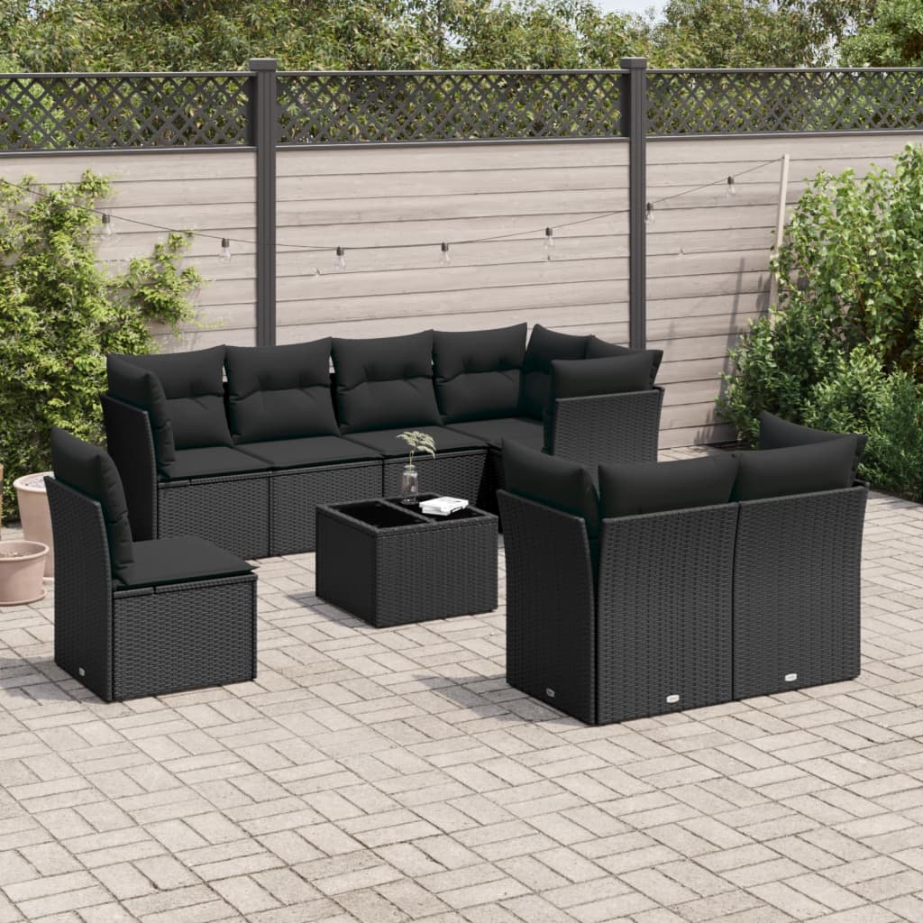 9 Pcs conjunto de sofás p/ jardim c/ almofadões vime PE preto