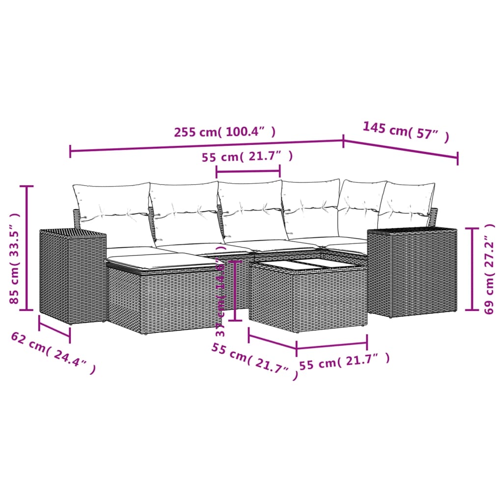 7 Pcs conjunto de sofás p/ jardim c/ almofadões vime PE preto