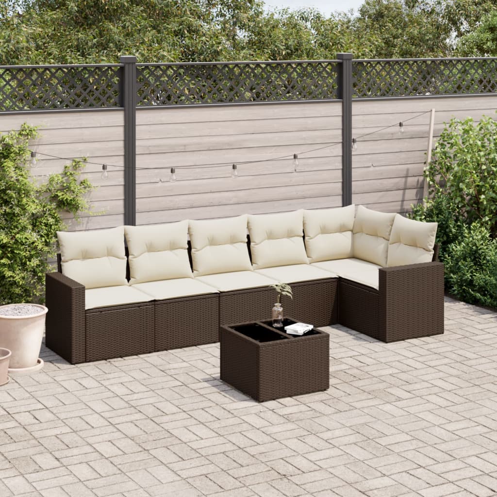 7 Pcs conjunto de sofás jardim c/ almofadões vime PE castanho