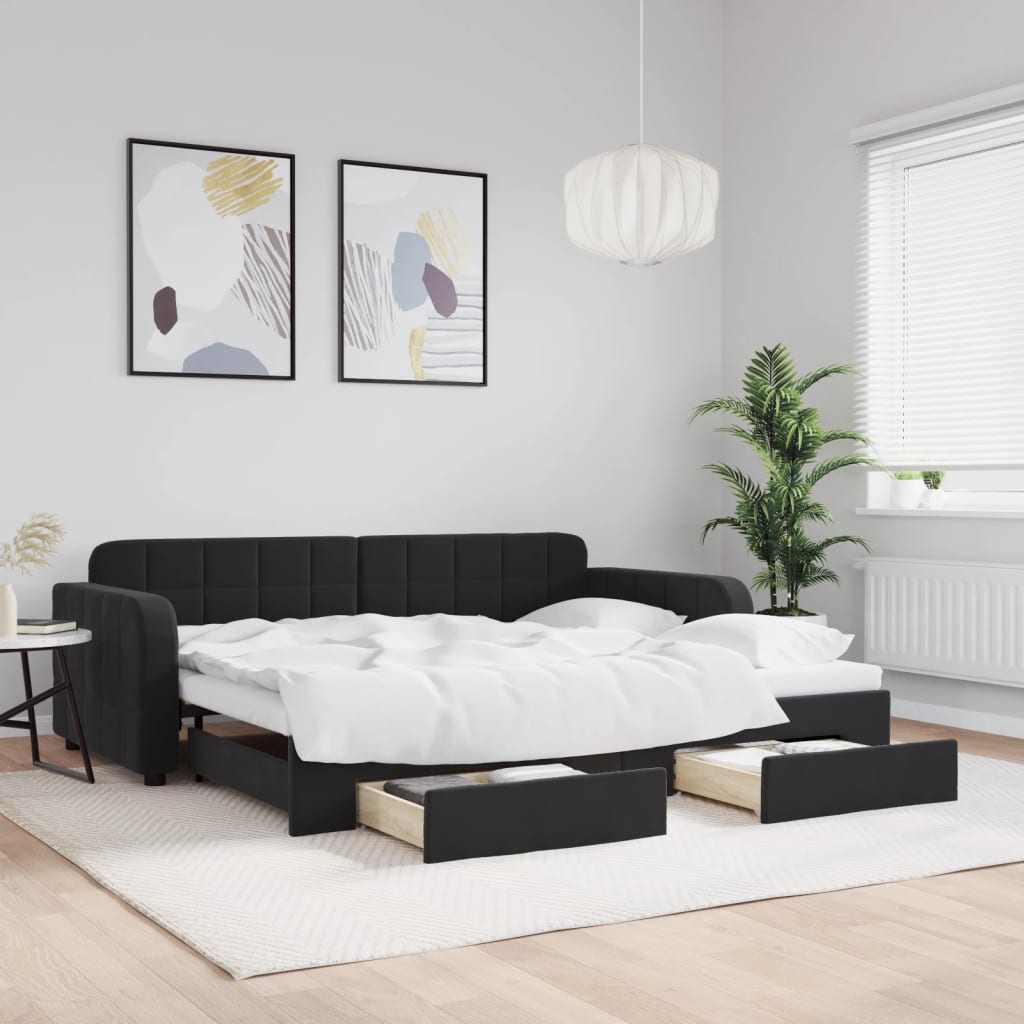 Sofá-cama com gavetão e gavetas 90x190 cm veludo preto