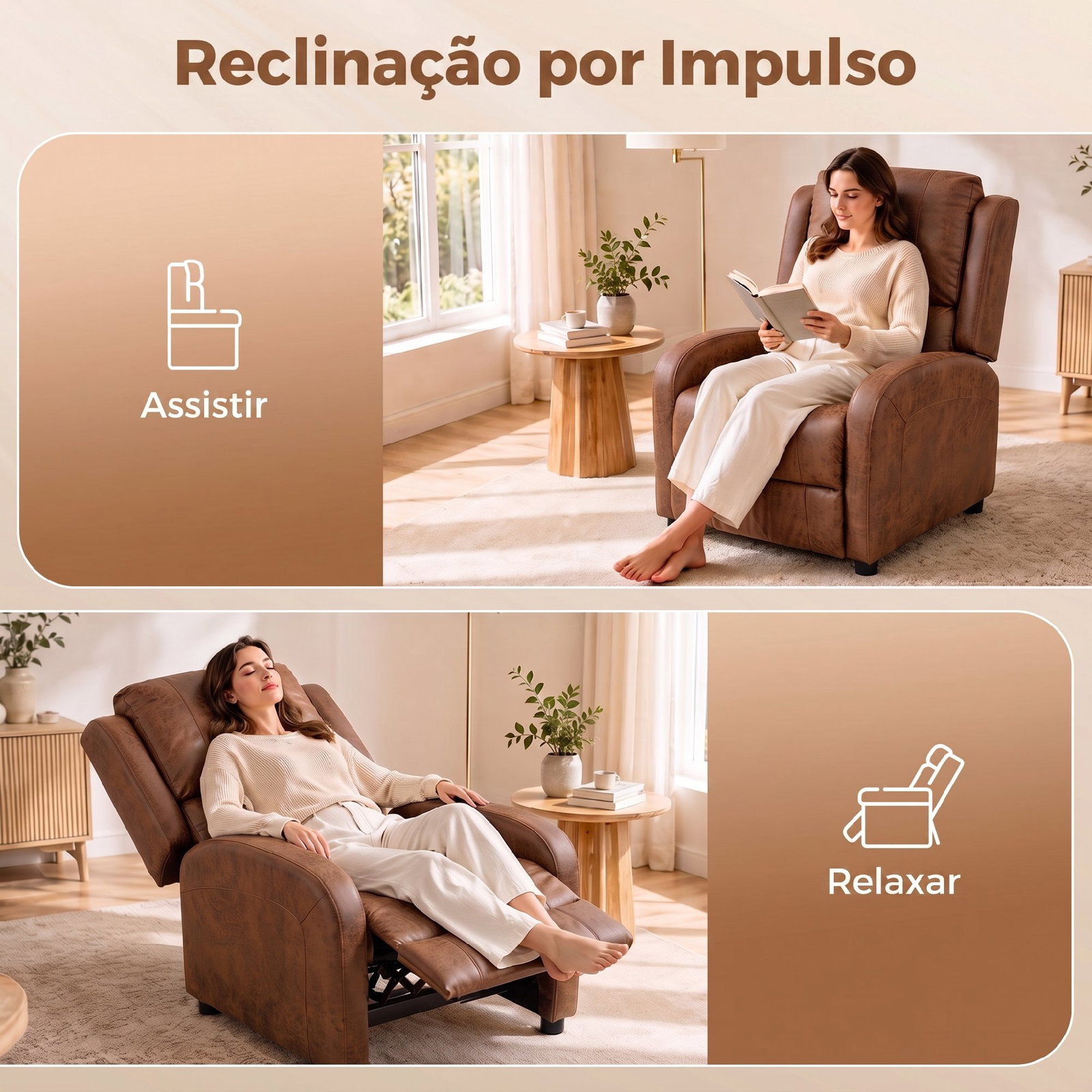 Cadeirão relax reclinável manual em pele sintética com montagem rápida, apoio para pés e acolchoamento espesso castanho