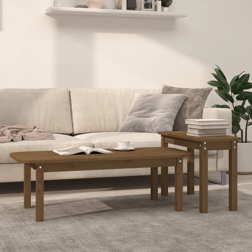 2 Pcs conjunto de mesas de centro pinho maciço castanho mel