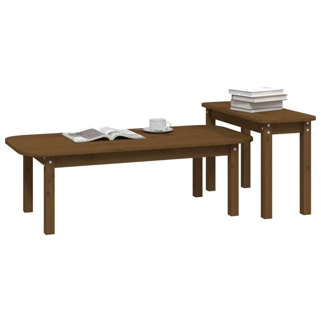 2 Pcs conjunto de mesas de centro pinho maciço castanho mel