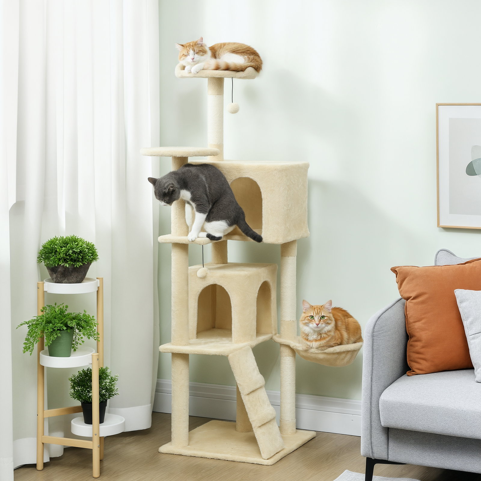 Arranhador para gatos com múltiplas plataformas cama 2 cavernas rede escada postes de sisal 48x48x160 cm bege