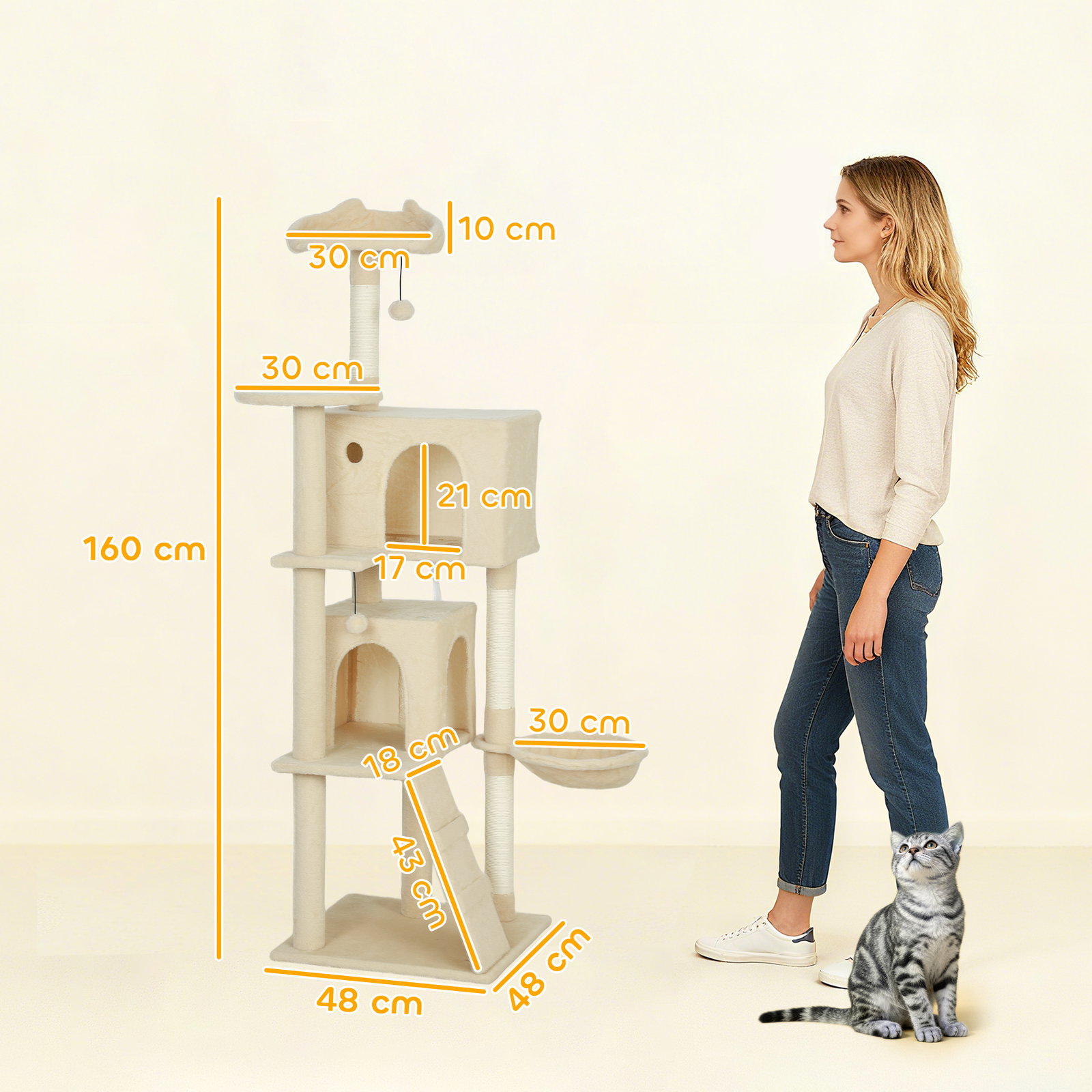 Arranhador para gatos com múltiplas plataformas cama 2 cavernas rede escada postes de sisal 48x48x160 cm bege