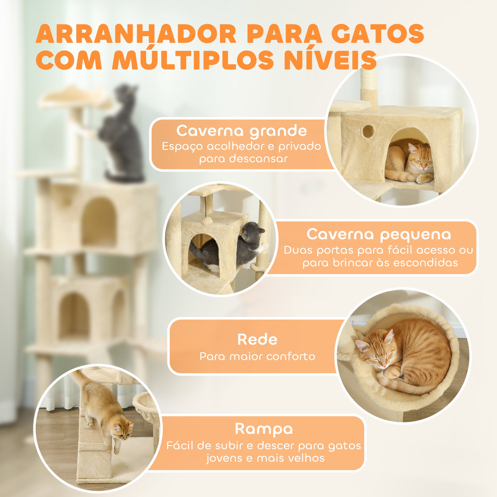 Arranhador para gatos com múltiplas plataformas cama 2 cavernas rede escada postes de sisal 48x48x160 cm bege