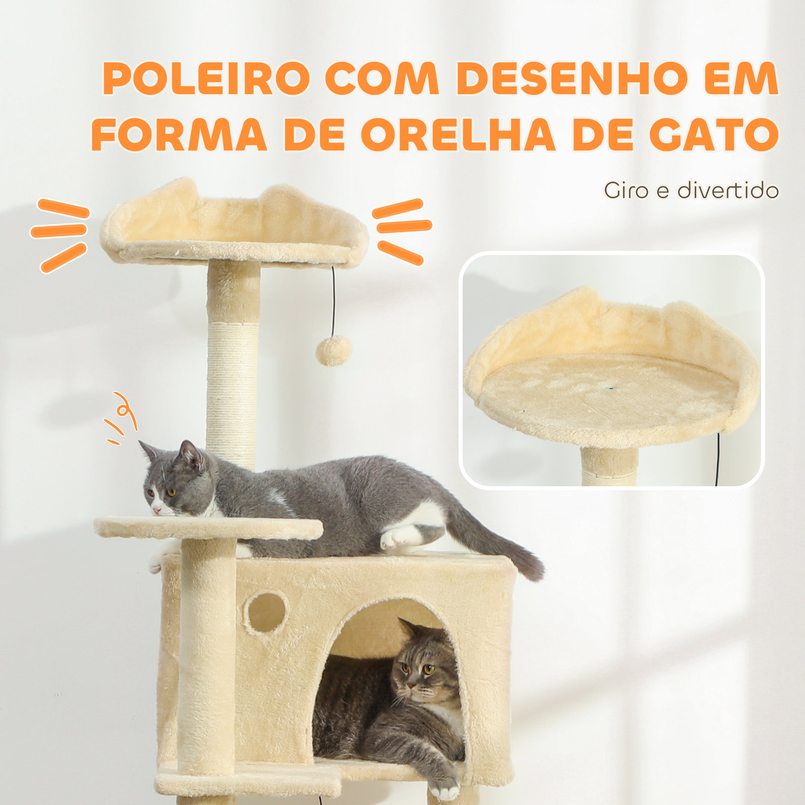 Arranhador para gatos com múltiplas plataformas cama 2 cavernas rede escada postes de sisal 48x48x160 cm bege