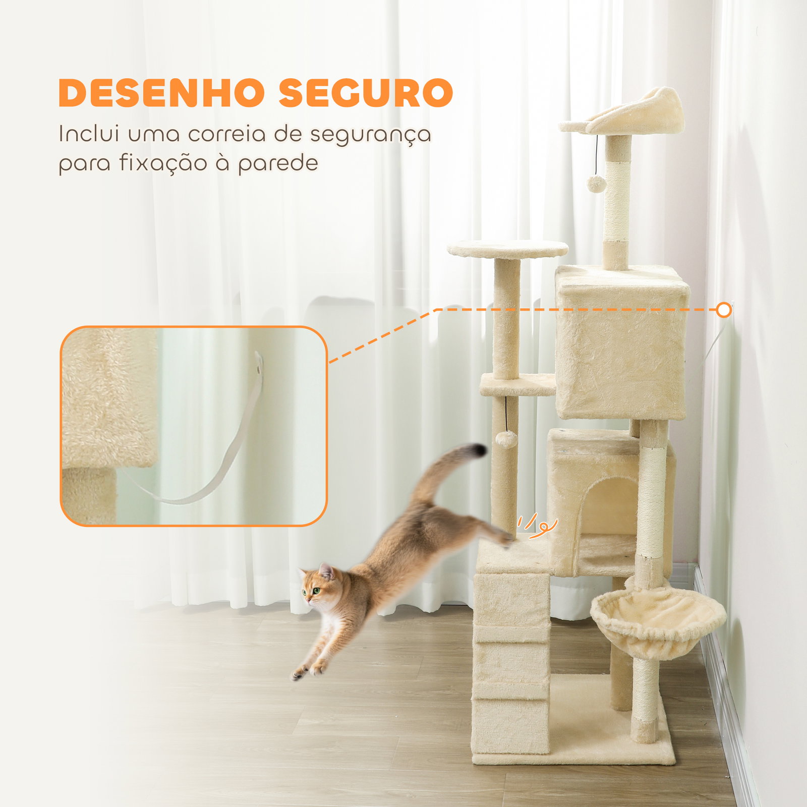 Arranhador para gatos com múltiplas plataformas cama 2 cavernas rede escada postes de sisal 48x48x160 cm bege