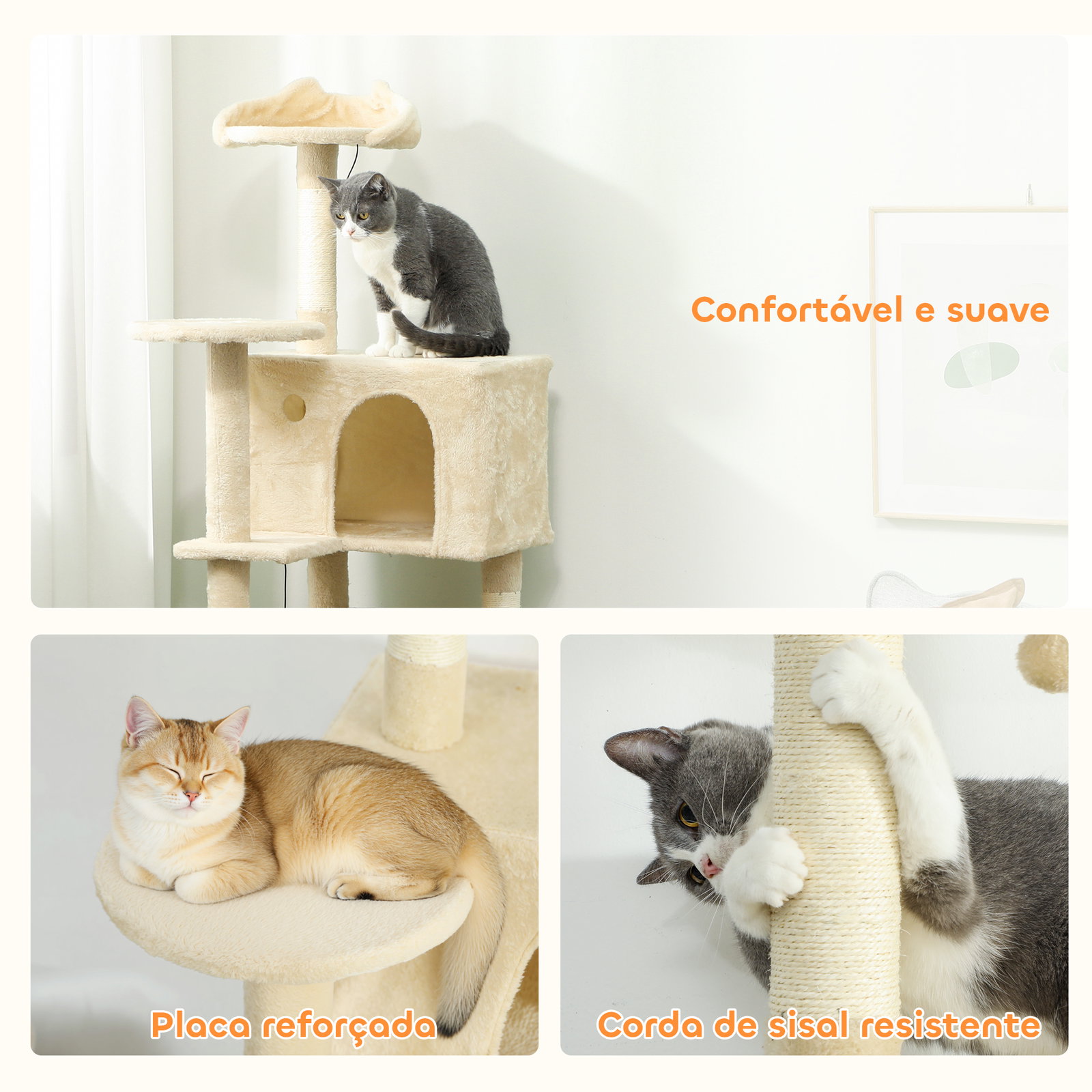 Arranhador para gatos com múltiplas plataformas cama 2 cavernas rede escada postes de sisal 48x48x160 cm bege