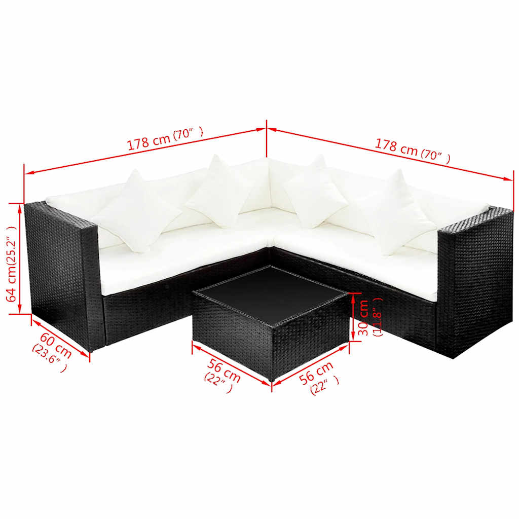 4 Pcs conjunto lounge de jardim c/ almofadões vime PE preto