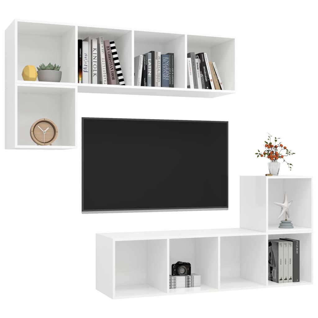 4 Pcs conjunto de móveis de TV contraplacado branco