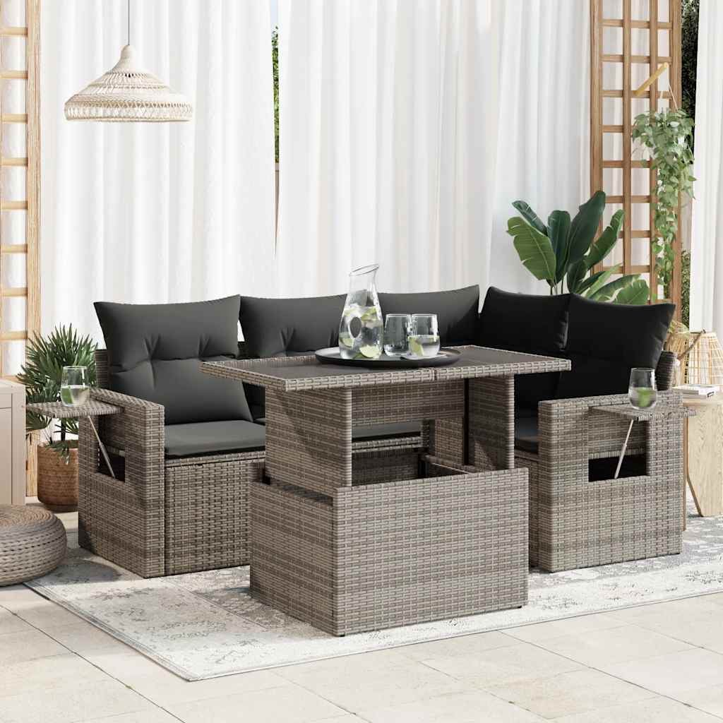 5 Pcs conjunto sofás de jardim c/ almofadões vime PE cinzento