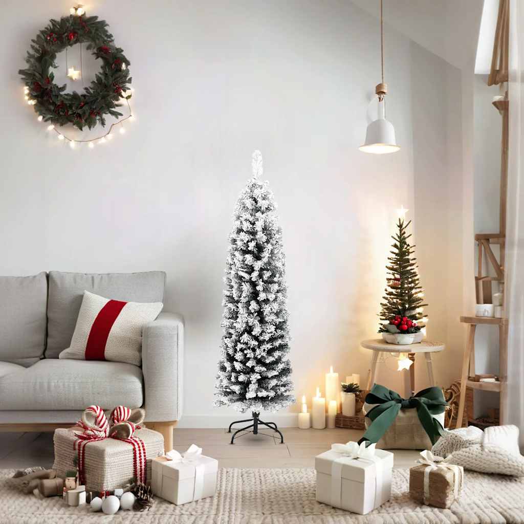 Árvore de natal artificial fina com neve 150 cm PVC verde