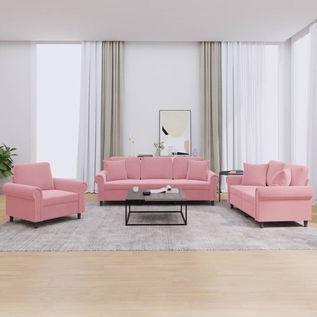 3 Pcs conjunto de sofás com almofadas veludo rosa