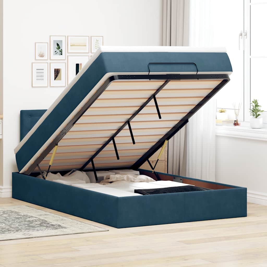 Estrutura cama otomana colchão 120x200cm veludo azul escuro