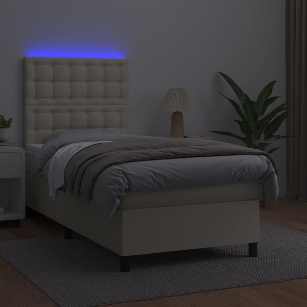 Cama box spring c/ colchão/LED 90x190 cm couro artificial creme