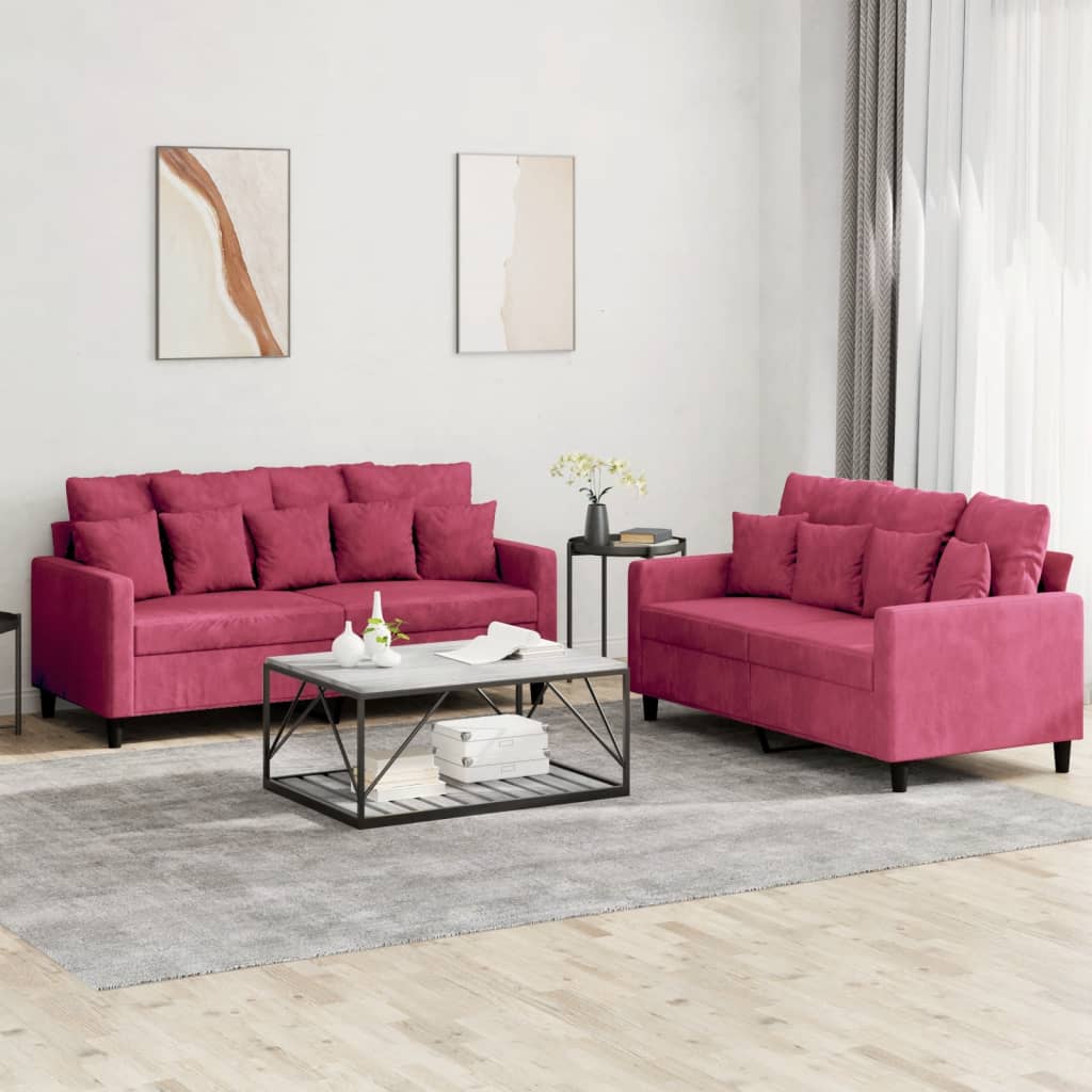 2 Pcs conjunto de sofás com almofadões veludo vermelho tinto