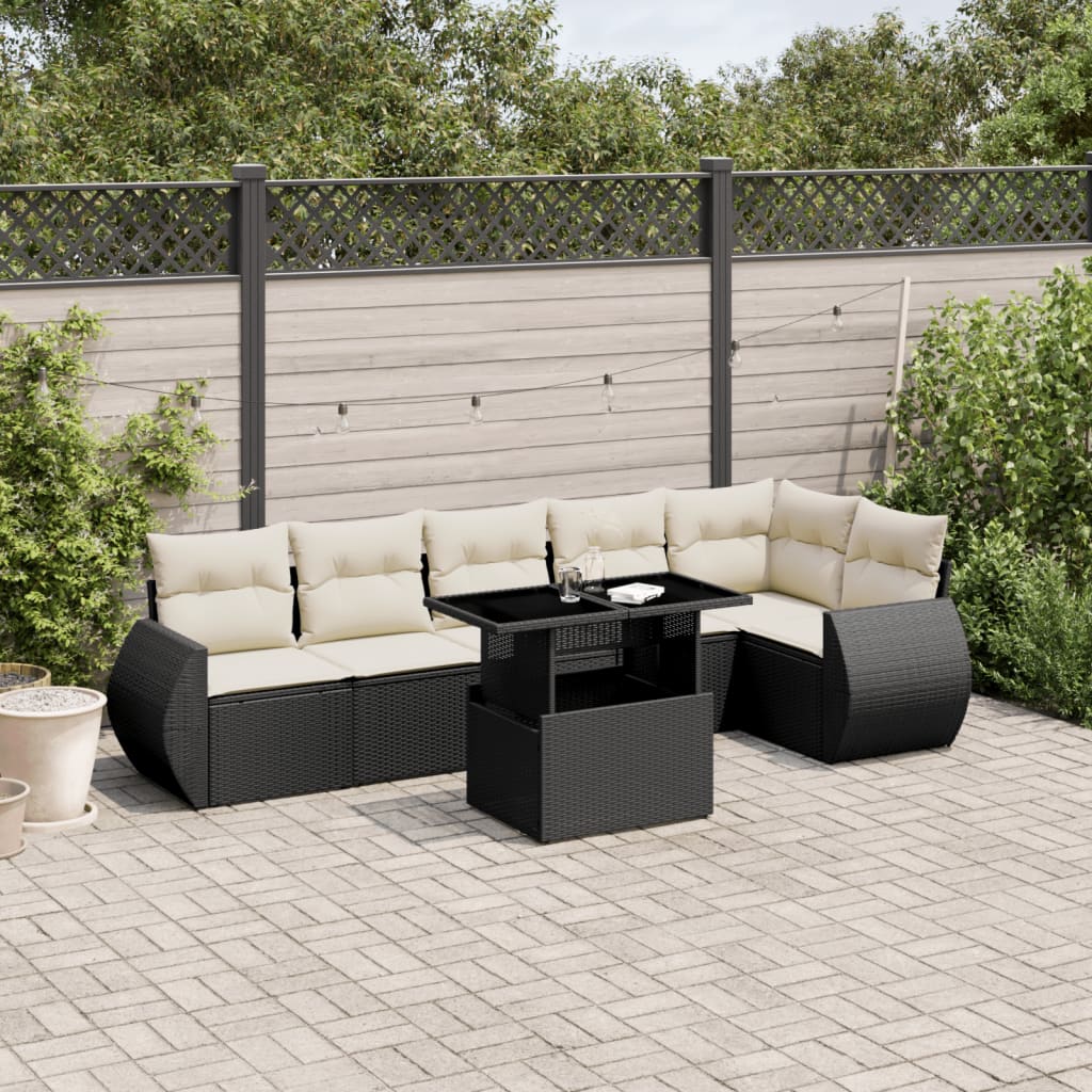 7 Pcs conjunto de sofás p/ jardim c/ almofadões vime PE preto