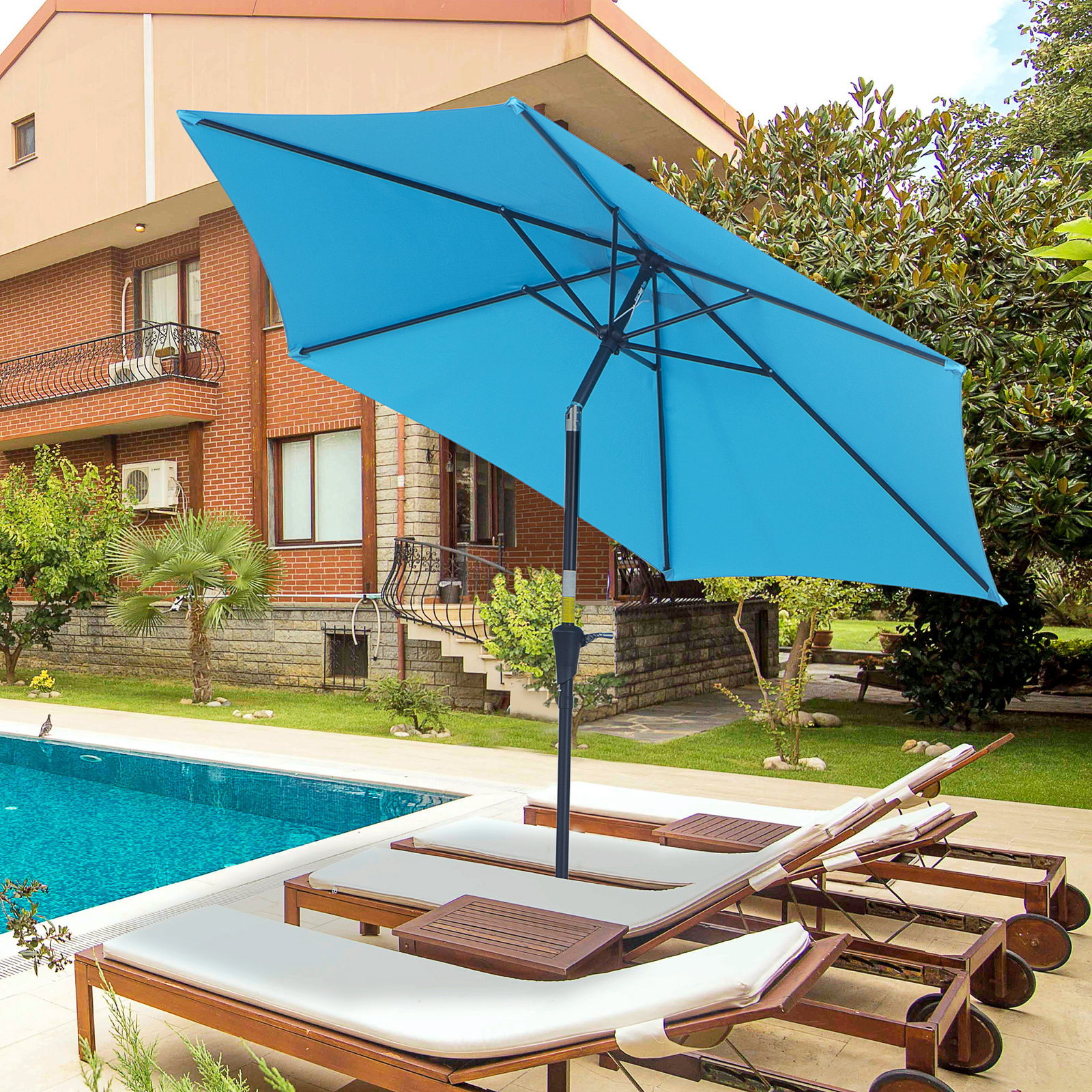 Chapéu de sol de jardim ø260x235 cm chapéu de sol reclinável com manivela mastro desmontável em alumínio e 6 varetas de metal azul