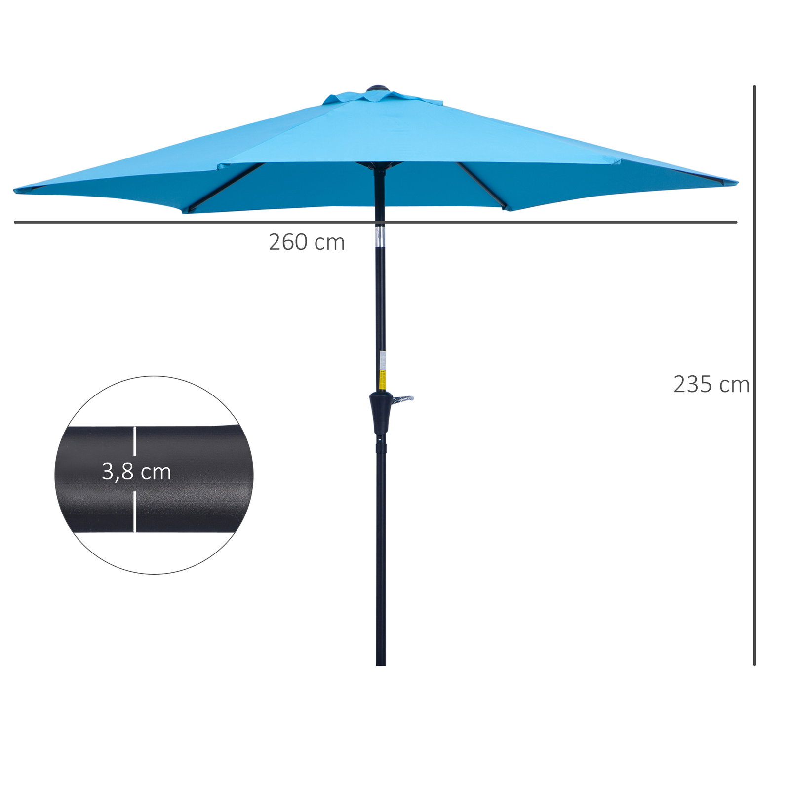 Chapéu de sol de jardim ø260x235 cm chapéu de sol reclinável com manivela mastro desmontável em alumínio e 6 varetas de metal azul