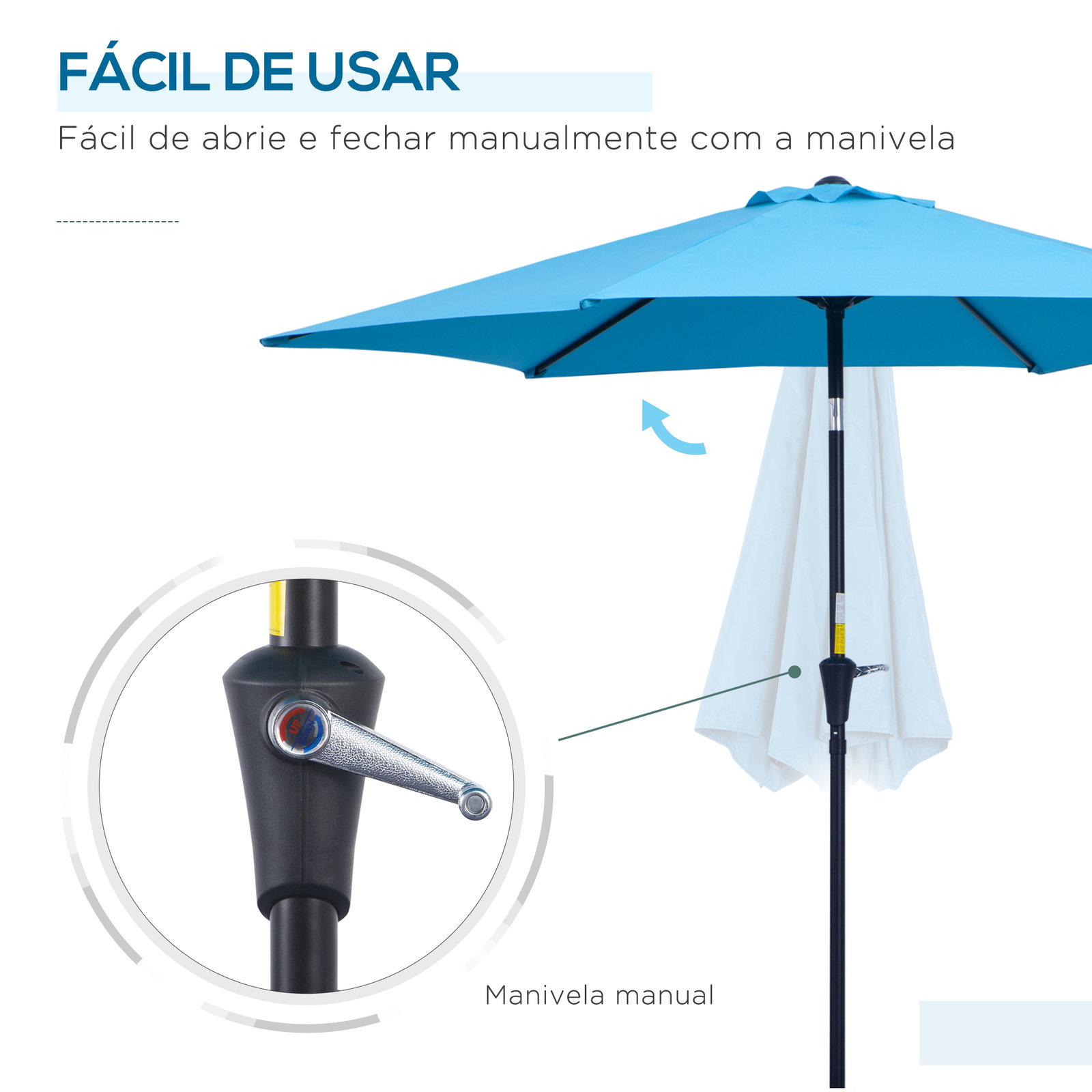Chapéu de sol de jardim ø260x235 cm chapéu de sol reclinável com manivela mastro desmontável em alumínio e 6 varetas de metal azul