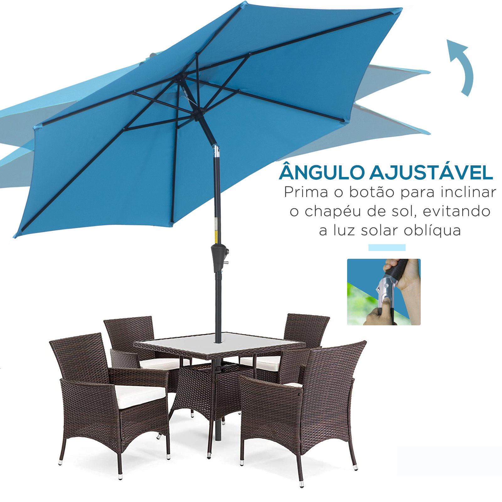 Chapéu de sol de jardim ø260x235 cm chapéu de sol reclinável com manivela mastro desmontável em alumínio e 6 varetas de metal azul